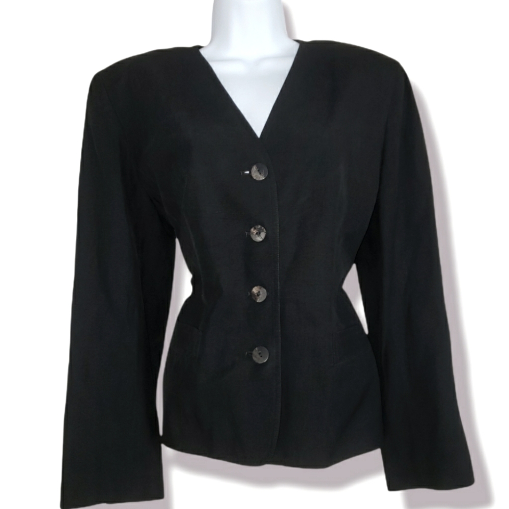 Vintage 80's Jaeger black silk & linen 4 button collar less blazer Women…